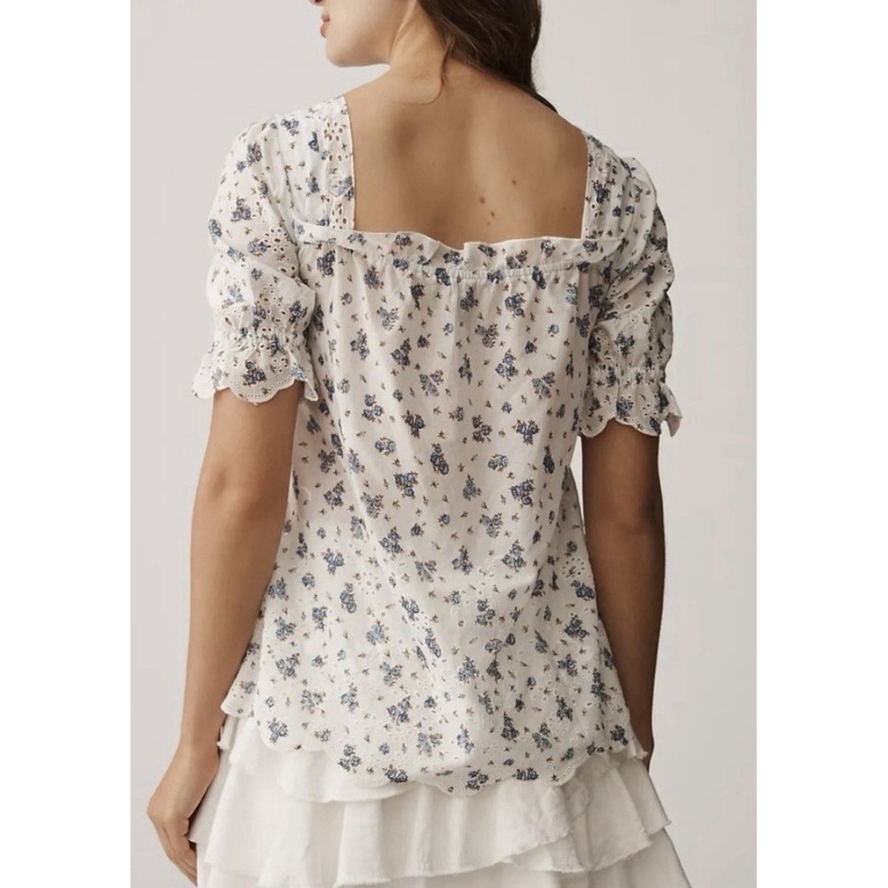 NWT Anthropologie Puff-Sleeve Eyelet Top Cotton Ivory Blue Floral Size Large - Picture 11 of 13